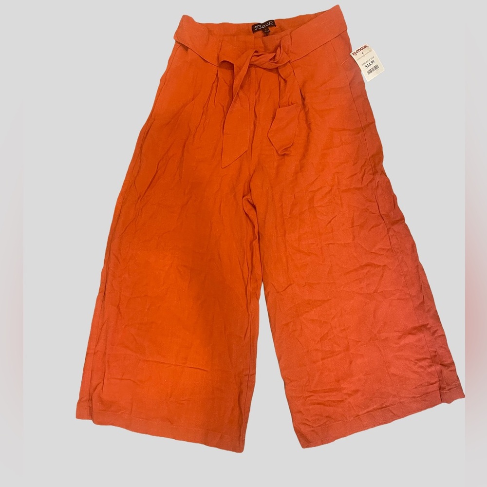 Stella Luce Orange Linen Blend Cropped Palazzo Pants Tie Waist Size M